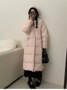 Свободная съемная вязаная шапка-пуховик женская длинная выше колена тонкая белая утиная пуховая теплая куртка зимняя S чёрный