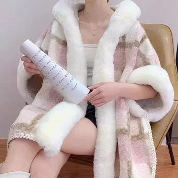 Свободная шаль женская ретро тонкая накидка с утолщенным меховым воротником и капюшоном куртка 60-80cm лавандовый