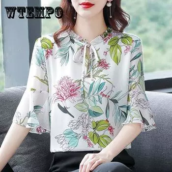 Свободная шифоновая блузка с винтажным принтом на шнуровке и открытыми рукавами-фонариками, новые летние повседневные пуловеры, женская рубашка большого размера для поездок на работу M