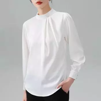 Свободная шифоновая рубашка для женщин, новая женская плиссированная атласная рубашка с длинными рукавами и бусинами, внутренний топ в стиле темперамент S белый