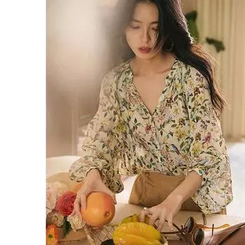 Свободная шифоновая рубашка с принтом для женщин, летний топ с v-образным вырезом, легкий и удобный M