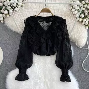 Свободная шифоновая рубашка с v-образным вырезом и рюшами, уменьшающая возраст, женская плиссированная милая короткая рубашка с длинными рукавами