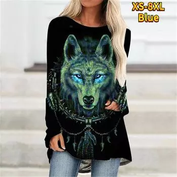 Свободная сумка с принтом Wild Wolf, женский топ с круглым вырезом и длинными рукавами за пределами базы XS-8XL S