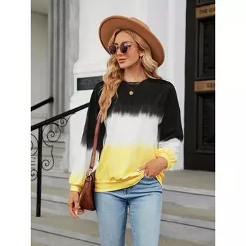 Свободная толстовка с цветными блоками, повседневная толстовка с круглым вырезом с длинными рукавами, женская одежда S жёлтый