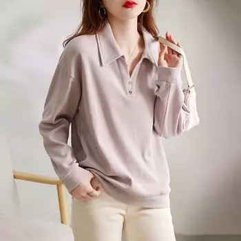 Свободная толстовка с длинными рукавами и хлопковым воротником для женщин на весну и осень. Дизайн воротника ПОЛО для женской одежды. M светло-фиолетовый