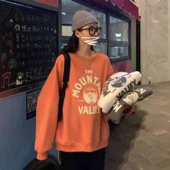Свободная толстовка с длинными рукавами из бархата с принтом для женщин M оранжевый