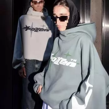 Свободная толстовка с капюшоном для мужчин и женщин в европейском и американском уличном стиле Y2K с принтом звезд и букв, повседневный модный дизайн, топ с высоким воротом M бежевый