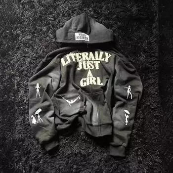 Свободная толстовка с капюшоном на молнии для мужчин и женщин с вышитым индивидуальным уличным европейско-американским алфавитом хип-хопа Y2K S чёрный