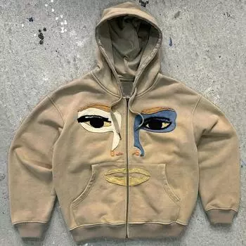 Свободная толстовка с капюшоном на молнии в стиле панк с нашивками в европейском и американском стиле S зелёный