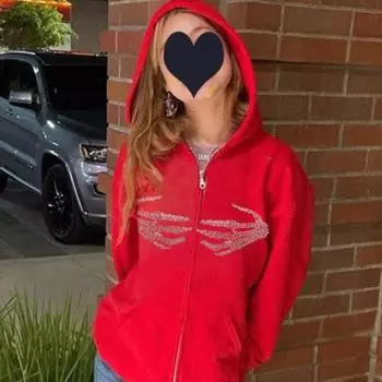 Свободная толстовка Y2K в стиле ретро со стразами и принтом в уличном стиле, куртка с передним карманом на молнии, осенняя повседневная куртка с длинными рукавами и капюшоном для девочек, топы M красный