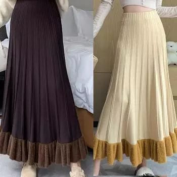 Свободная трикотажная юбка полудлины для женщин, осень-зима, новый милый стиль, А-силуэт, эластичная талии, плиссированная юбка, узкая шерстяная юбка, розовая, черная One Size чёрный