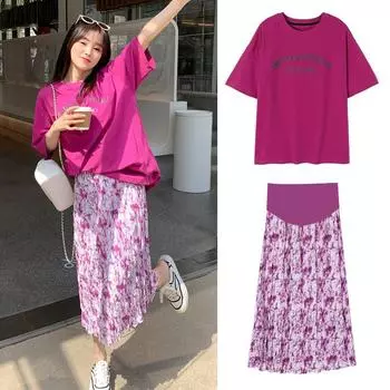 Свободная юбка для беременных. Летняя юбка с цветочным принтом. Комплект из двух частей юбки для живота. M