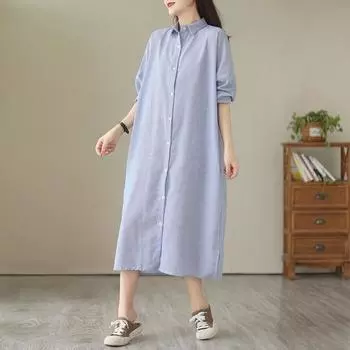 Свободная юбка-рубашка большого размера с длинными рукавами из хлопка и льна в полоску 2025 года, платье длиной до колена ММ M серый
