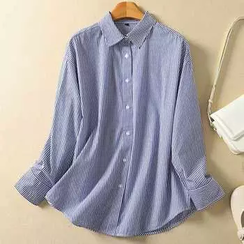 Свободная удобная рубашка из хлопка и льна в полоску в художественном стиле для женщин, для поездок на работу и обратно, с длинными рукавами, блузки и рубашки M