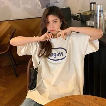 Свободная утягивающая футболка средней длины с буквенным принтом и короткими рукавами для женщин, летний новый свободный топ из хлопка M