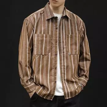 Свободная вельветовая простая рубашка в стиле ретро для досуга, осенняя новая полосатая рубашка, мужская блузка с длинными рукавами M абрикосовый