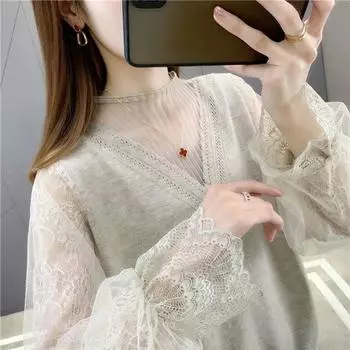 Свободная верхняя одежда и базовая блузка, женская весенняя куртка-свитер с кружевными рукавами S