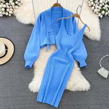 Свободная вязаная накидка с рукавами «летучая мышь» на мягких восковых пуговицах в стиле ретро в стиле ретро + платье с бретелькой на бретельках с v-образным вырезом, комплект из двух предметов One Size чёрный