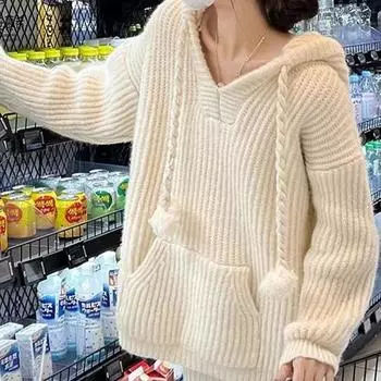 Свободная вязаная толстовка с капюшоном средней длины большого размера, утепленный свитер для женщин One size белый