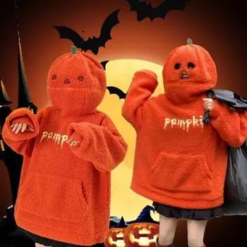 Свободная забавная милая толстовка с капюшоном, плюшевый свитер с овечкой, пальто с капюшоном, мультяшный свитер с тыквой на осень и зиму M оранжевый