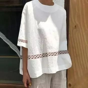 Свободная женская блузка большого размера с открытыми рукавами и кружевной строчкой, тонкая однотонная рубашка в стиле ретро, топ 4XL