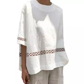 Свободная женская блузка большого размера с открытыми рукавами и кружевной строчкой, тонкая однотонная рубашка в стиле ретро, топ S