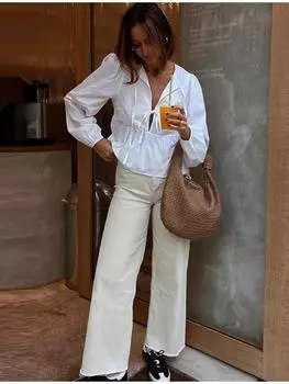 Свободная женская блузка с круглым вырезом и шнуровкой, весна-лето, однотонная, с длинным рукавом, укороченная женская рубашка S белый