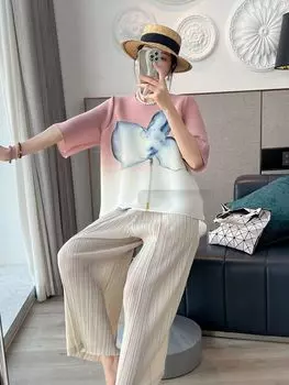 Свободная женская блузка с верхом в форме лотоса для весны и лета, новая плиссированная футболка со средним рукавом, закрывающая живот, высококачественная One Size розовый