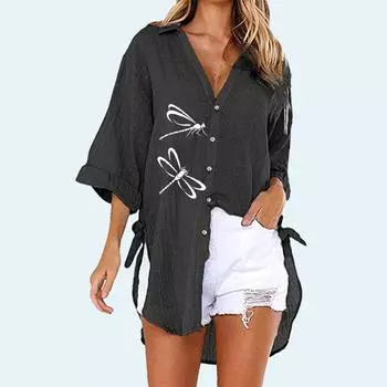 Свободная женская футболка больших размеров с V-образным вырезом, летняя и осенняя модная блузка с принтом стрекозы, женская повседневная футболка с короткими рукавами, длинная рубашка на пуговицах S белый