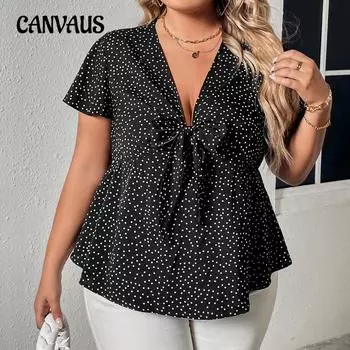 Свободная женская футболка больших размеров с глубоким V-образным вырезом и принтом в горошек, верхняя рубашка с короткими рукавами
