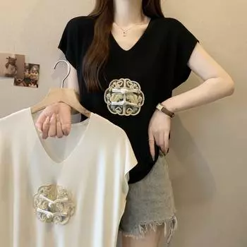 Свободная женская футболка из ледяного шелка с короткими рукавами, закрывающая живот, летний топ на пуговицах с вышивкой One Size чёрный