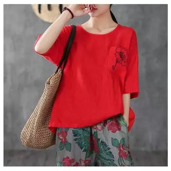 Свободная женская футболка с богемной цветочной вышивкой, повседневный топ из хлопка и льна с короткими рукавами M красный