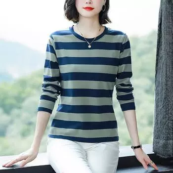 Свободная женская футболка с длинным рукавом из чистого хлопка 2024 года на весну и осень — модный топ для мам среднего возраста M (90-105 jin)