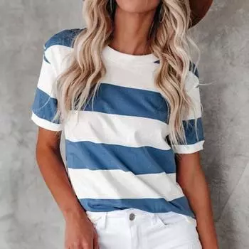 Свободная женская футболка с круглым вырезом и коротким рукавом, летняя блузка с принтом в сине-белую полоску, уличная одежда M синий