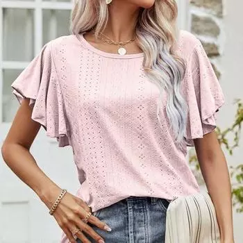 Свободная женская футболка с рукавом-бабочкой 2023 года, летние однотонные повседневные футболки с оборками, женская мода, футболки с круглым вырезом, топы 25978 S синий