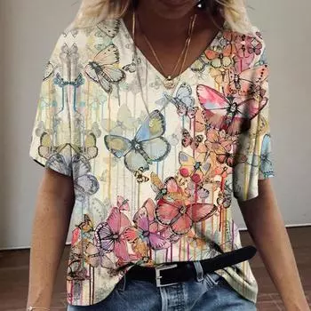 Свободная женская футболка с v-образным вырезом и коротким рукавом, свободная футболка с цветным принтом бабочек