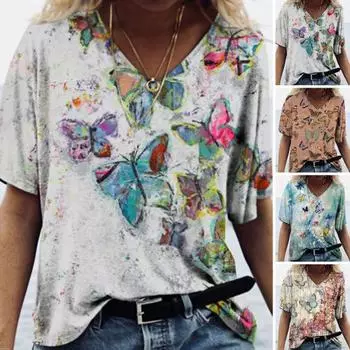 Свободная женская футболка с v-образным вырезом и коротким рукавом, свободная футболка с цветным принтом бабочек