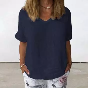 Свободная женская футболка с v-образным вырезом и коротким рукавом, однотонная пуловерная блузка 2XL синий