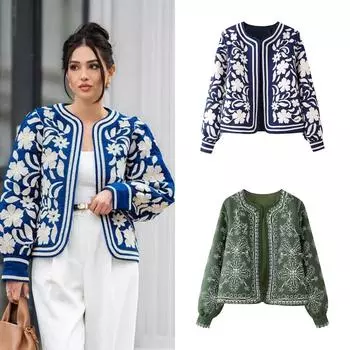Свободная женская куртка с цветочным принтом, повседневный кардиган с длинным рукавом, верхняя одежда, винтажные уличные куртки, женские шикарные осенние пальто S зелёный