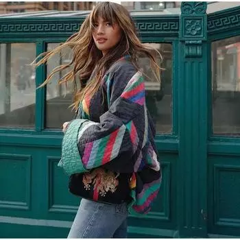 Свободная женская куртка с принтом в стиле пэчворк, с длинными расклешенными рукавами и V-образным вырезом, женское пальто, осенне-зимние элегантные уличные женские куртки S