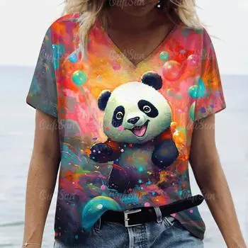 Свободная женская одежда больших размеров, летние футболки с v-образным вырезом и короткими рукавами, топы с 3d животными и принтом панды, женские повседневные футболки, одежда S