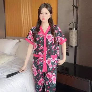 Свободная женская пижама, мягкая домашняя одежда, топы и штаны с короткими рукавами, пижама с цветочным принтом, летняя новая тонкая пижама, женский домашний комплект M