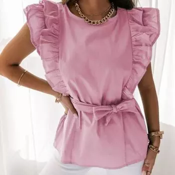 Свободная женская рубашка большого размера с короткими рукавами и завязками на талии, летняя однотонная элегантная рубашка-топ S светло-зеленый