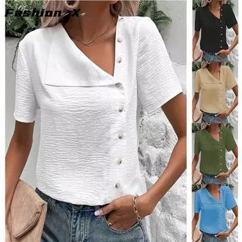 Свободная женская рубашка большого размера в Европе и США, хлопковая рубашка в стиле ретро с короткими рукавами на весну и лето S чёрный