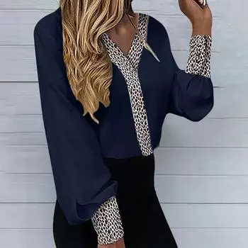 Свободная женская рубашка с v-образным вырезом и длинным рукавом-фонариком, пуловер с леопардовым принтом, лоскутная офисная рубашка, женская одежда M розовый