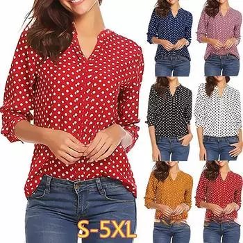 Свободная женская рубашка с V-образным вырезом и длинными рукавами в горошек и рукавами XXXXXL белый