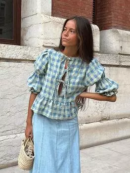Свободная женская рубашка в клетку с бантом на шнуровке и круглым вырезом, пышная женская блузка с коротким рукавом, весна-лето, женские топы с вырезами L