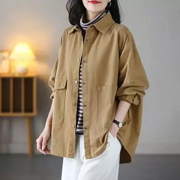 Свободная женская ветровка с длинными рукавами и пальто-рубашкой в винтажном стиле M бежевый