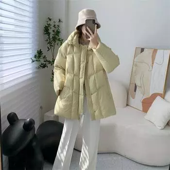 Свободная зимняя куртка 2024 года из утолщенного мягкого вощеного пуха средней и длинной длины, женская свободная теплая куртка из утиного пуха 90% S 90-60 kg чёрный