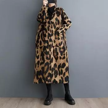 Свободное длинное пальто свободного покроя с леопардовым принтом для женщин, куртка, верхняя одежда, весна-осень
